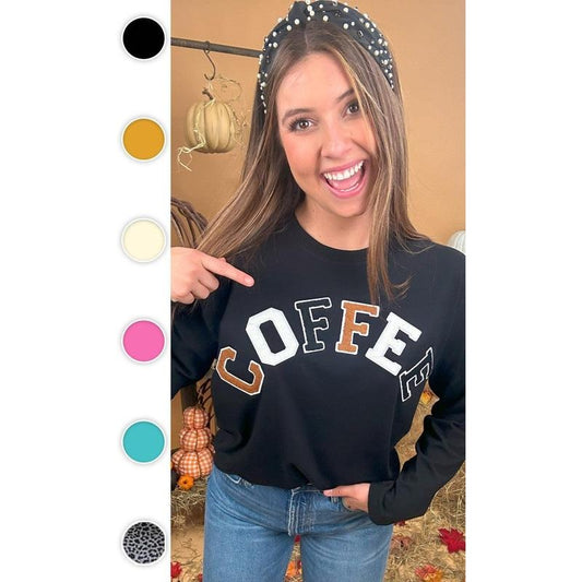 Soft Chenille Coffee Graphic Boyfriend Long Sleeve T-Shirt