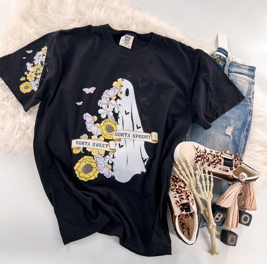 Sorta Sweet Sorta Spooky Halloween Floral Ghost Short Sleeve Graphic Tee Unisex with sleeve print T-Shirt Womenswear Crewneck Casual Tshirt Top