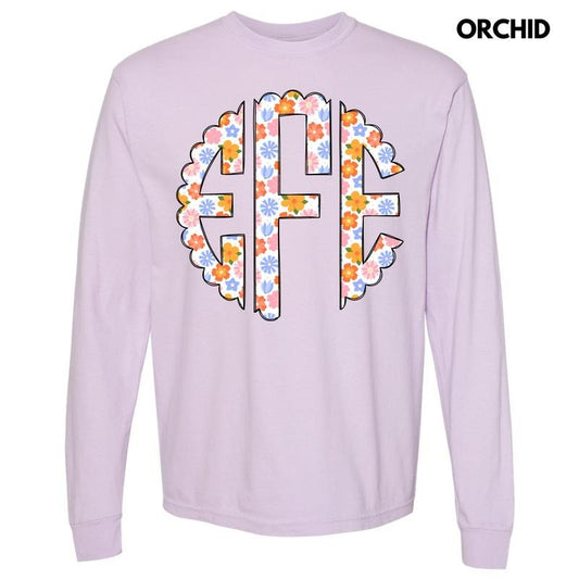 Spring Flowers Monogram Long Sleeve Comfort Colors T-Shirt 'NLB'