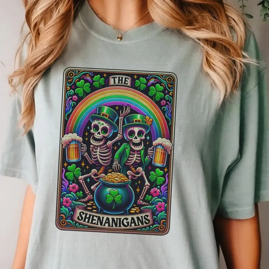 St. Patricks The Shenanigans Tarot Graphic Tee St. Pattys Skeleton Tshirt Clover Skull Rocker St. Patricks Top Unisex Casual Rainbow Lucky Shirt