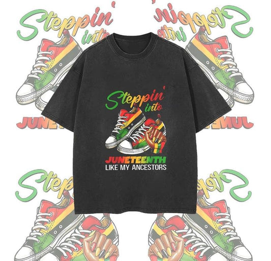 Stepping Into Juneteenth Afro Woman Black Girls Sneakers Graphic Shirt Soft Cotton Top Womenswear