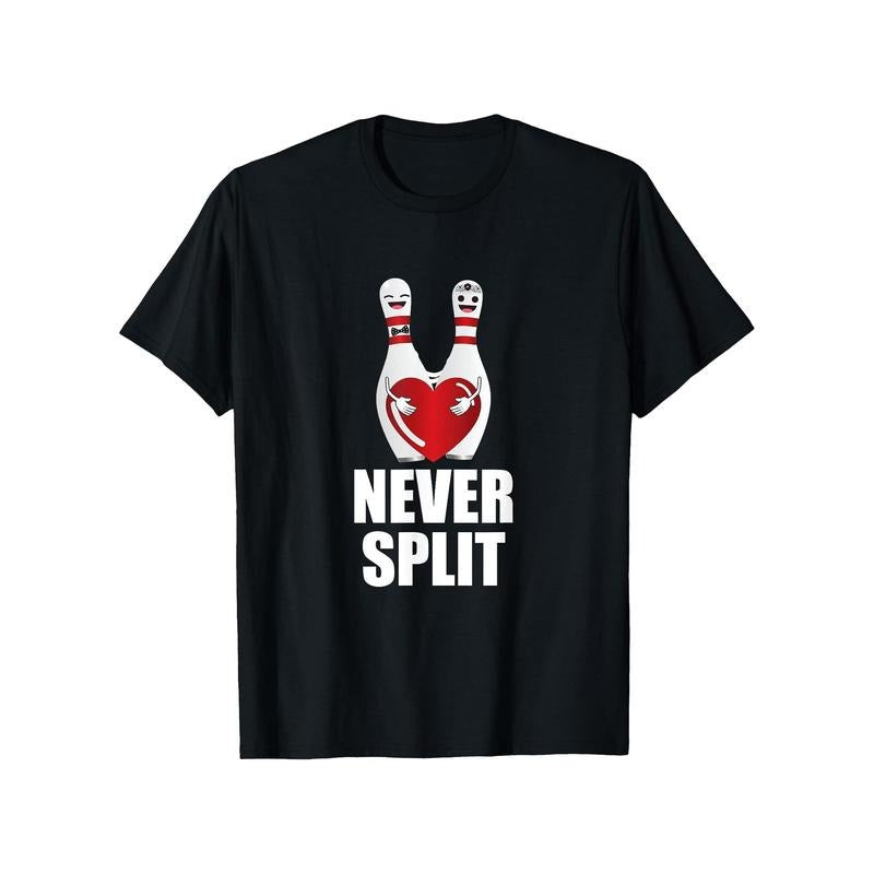Summer Casual Men'S Knit Crew Neck T-Shirt with Geometric Bowling Pin Print, Regular Fit Short Sleeve with Slight Stretch - "Never Split" Bowling Valentine'S Couple Graphic Tee made in usa
