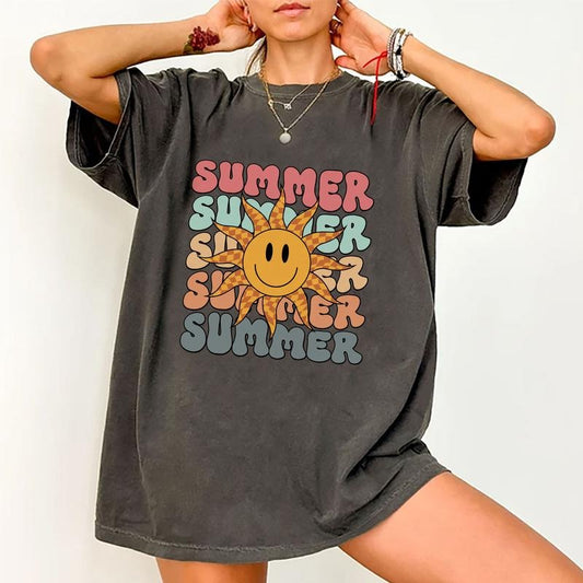 Summer Shirt, Retro Sunny Graphic Tee Women, Checkered Sunshine Shirt, Mom Summer Outfits, Summer Lover Shirt For Women, Vacation Women's Top, Sweet Summertime Tshirt, Womenswear, Cotton Fabric Relaxed Fit Chic Style