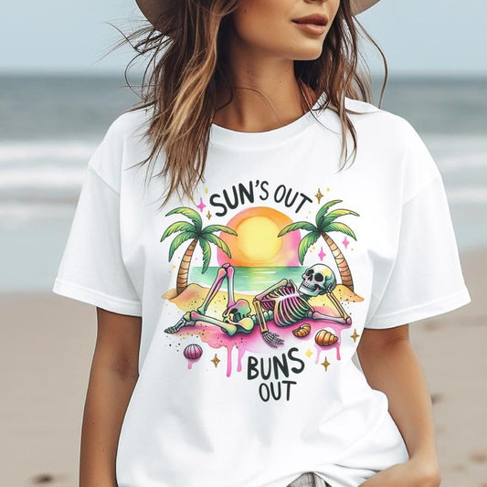 Suns Out Buns Out Skeleton Graphic Tee Beach Skull Sunset Tshirt Vacation Rocker T-Shirt Casual Unisex Shirt