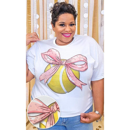 Tennis Pink Bow Rhinestone Graphic Shirt