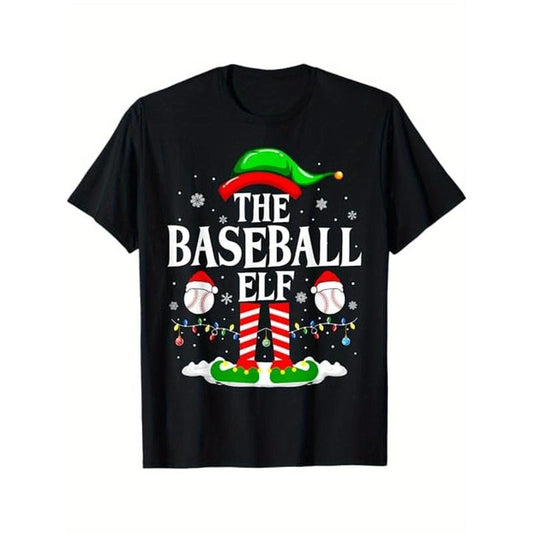 The Baseball Elf Funny Matching Xmas Baseball Christmas T-Shirt, 100% Cotton, Gifts for Men Dad Husband Grandpa, S-XXXL, Black made in usa