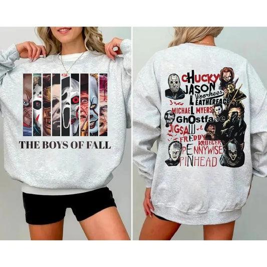 The Boys of Fall Scary Movie Sweatshirt - Embrace the Chill with Style. This High-Quality Sweatshirt Features a Unique 'The Boys of Fall' Graphic Inspired by Scary Movies