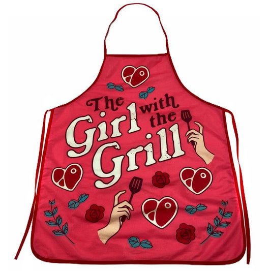 The Girl With The Grill Apron Funny Backyard BBQ Grilling Kitchen Smock Funny Graphic Kitchenwear Funny Food  Novelty Cookware Red
