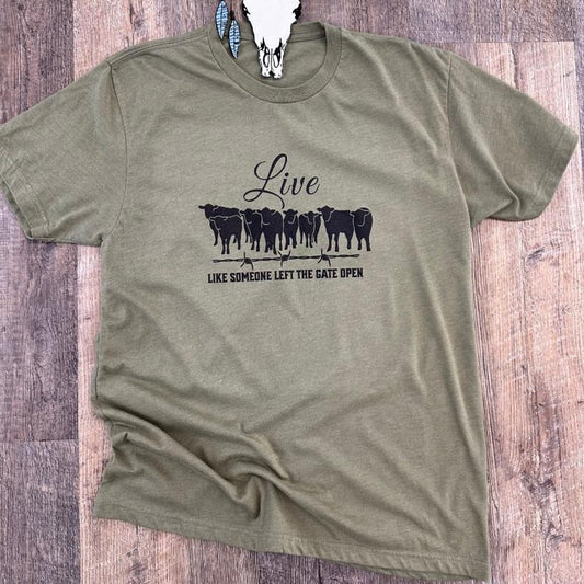 The Live Like the Gate is Open T-Shirt, cow crewneck sweatshirt, western clothing stuff, western outfits women tops, country western girl clothes hoodies winter outfits for women