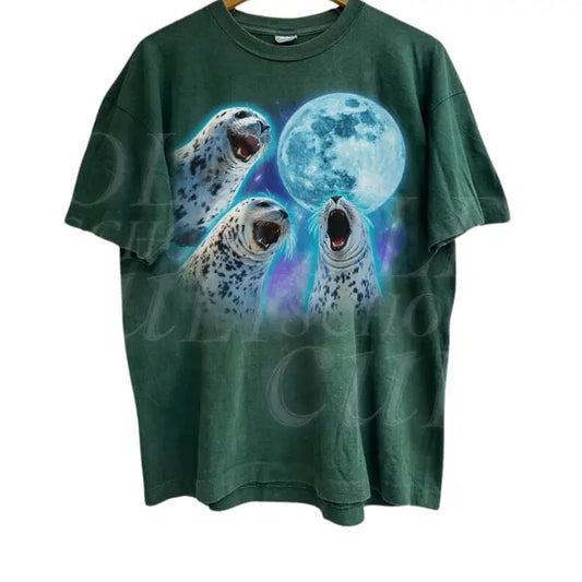 Three Seals Vintage Graphic T-shirts, Retro Seal Moon Tshirt, Funny Graphic Tee, Ocean Sea Animal Lovers, Oversized Washed Ocean Cute Shirt Menswear