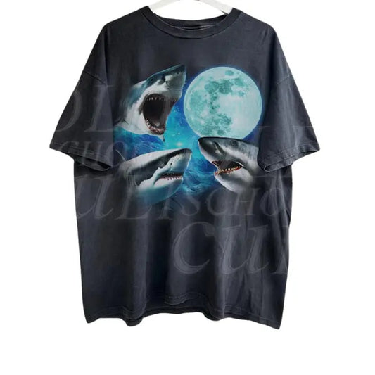 Three Sharks Vintage Graphic T-shirts, Retro Shark Moon Tshirt, Skark Ocean Lovers, Oversized Washed Tee, Weirdcore Shirt, Funny Graphic Tee