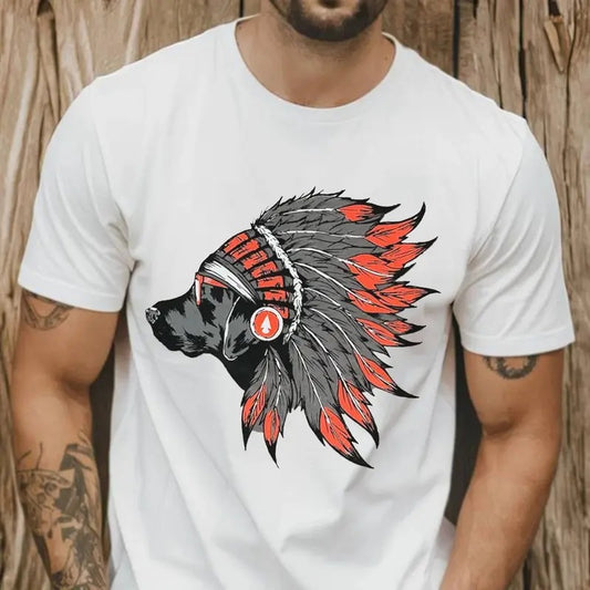 Tribal-Inspired Hunting Dog Graphic Unisex Tee, Dog With Tribal Red Feathers Native Headdress Shirt, Outdoors Outfits, Gift for Him, Father's Day Gift