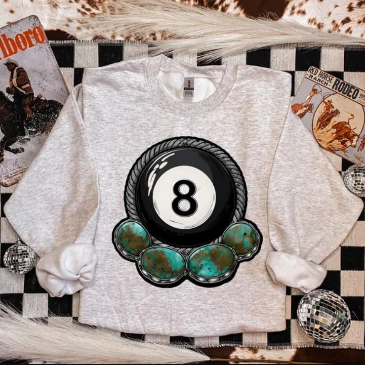 Turquoise 8Ball Crewneck sweatshirt, graphic tees women, western outfits women, western tops clothing, rodeo cowgirl outfits women, country concert outfits, shirt, sweatshirt, hoodie