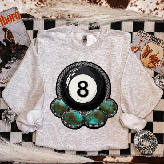 Turquoise 8Ball Crewneck sweatshirt, graphic tees women, western outfits women, western tops clothing, rodeo cowgirl outfits women, country concert outfits, shirt, sweatshirt, hoodie