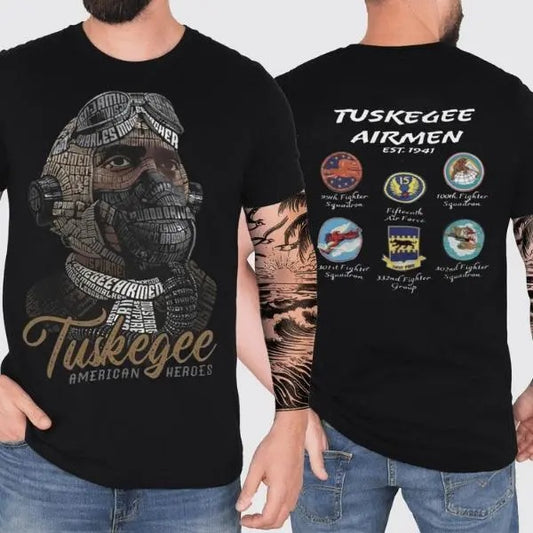Tuskegee American Heroes 2 Sides T-shirt, Tuskegee Airmen Red Tails World War 2 Commemorative Tee, Men's Streetwear Tops with Graphic Design Casual