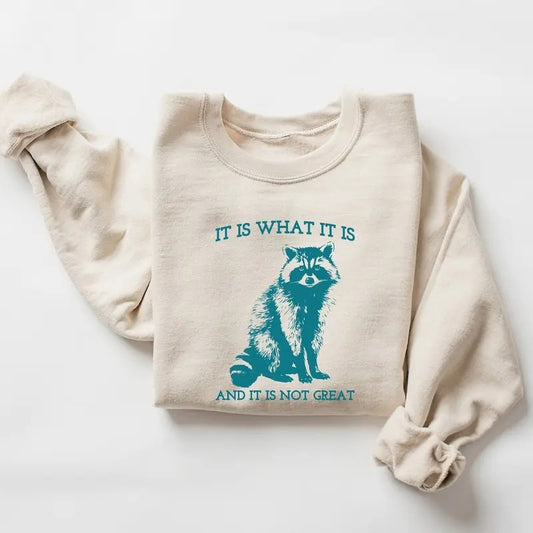 Unisex Funny It Is What It Is And It Is Not Great Sweatshirt, Vintage Sweatshirt, Raccoon Sweatshirt Cotton Menswear Hoodie Polyester