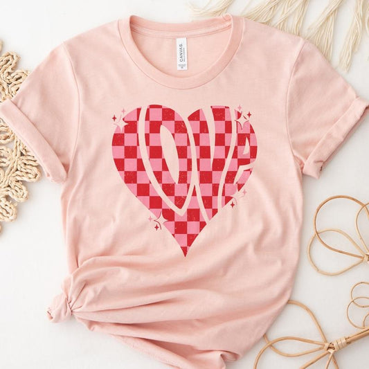 Valentine Heart T-Shirt Checkerboard Heart Tshirt Red Checkerboard Love Tee Love Heart Valetnine T-Shirt Romantic Valentines Day T-Shirt Womens Love Tshirt Cotton Casual