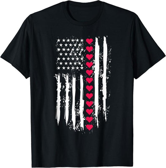Valentines Day Red Hearts US American Flag Patriotic Lover T-Shirt | Unisex Cotton Tee Gift | Full Size