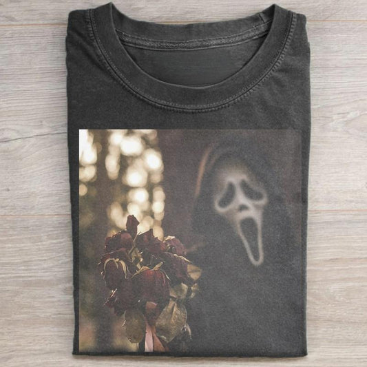Vintage Ghostface with Dried Roses Graphic Tee - Scream Movie Shirt - Horror Characters Tee - Woodsboro Horror Film Club Shirt - Iconic Villains From Horror Films - Spooky Season - Trick or Treat - Fall Season - All Seasons