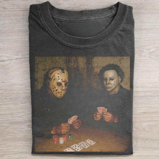Vintage Jason Voorhees and Michael Myers Playing Poker Graphic Tee - Funny Poker Tshirt - the Friday the 13th Movie Shirt - Halloween Movie Shirt - Iconic Villains From Horror Films - Horror Movie Shirt - Spooky Season - Trick or Treat - Fall Season