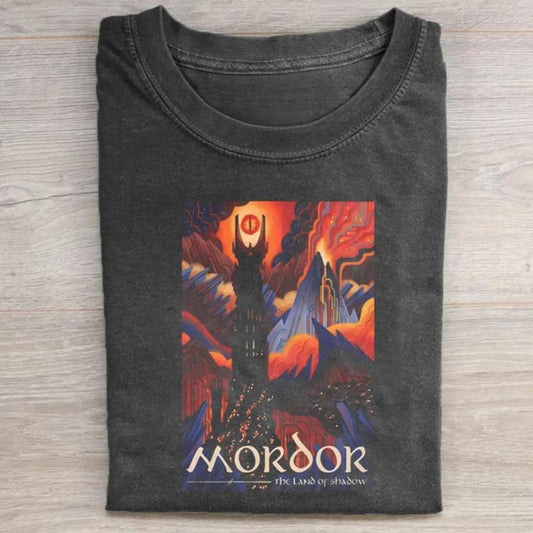 Vintage Mordor The Land of The Shadow Graphic Tee - The Lord of The Rings Movie Shirt - LOTR - The Hobbits - Middle Earth - Tolkien - Fantasy Rings - Book Lover - Fantasy Novel Casual Menswear Tops