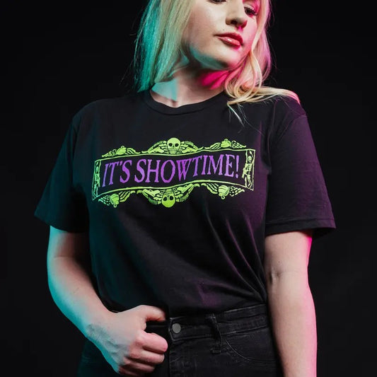 WOMEN'S IT'S SHOWTIME BOYFRIEND FIT T-SHIRT - BLACK, graphic tee, trendy shirt