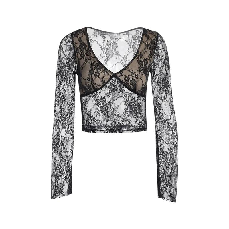 Women  Long Sleeve Lace Crop Tops Fairy Grunge Deep V Neck Patchwork See Through Flared Sleeves T Shirt Punk Floral Embroidered Sheer Mesh Slim Fit Blouse