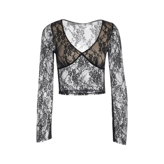 Women  Long Sleeve Lace Crop Tops Fairy Grunge Deep V Neck Patchwork See Through Flared Sleeves T Shirt Punk Floral Embroidered Sheer Mesh Slim Fit Blouse