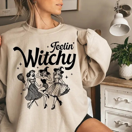 Women Halloween Sweatshirt, Vintage Feelin' Witchy Girly Sweater, Funny Witch Cute Halloween Shirt, Trendy Girly Halloween Gift Womenswear Hoodie