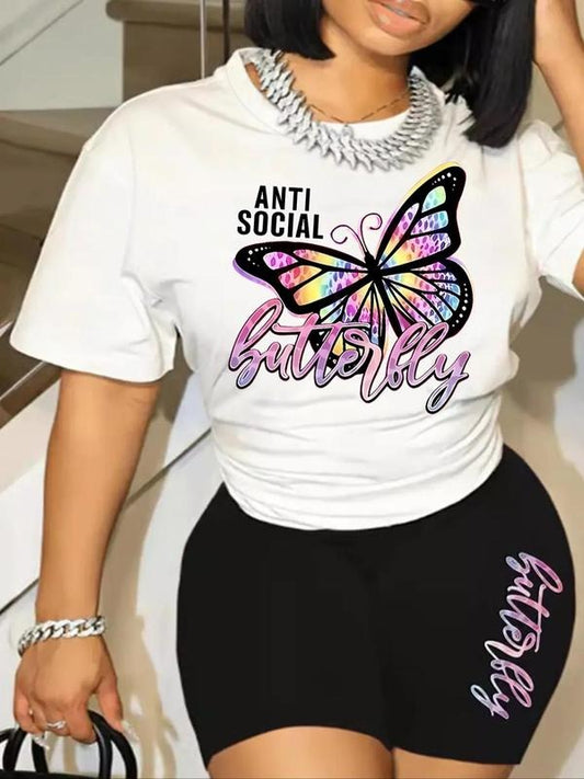 Women's Butterfly & Letter Print Round Neck Tee, Casual Graphic Short Sleeve T-Shirt, Ladies All Seasons Outfit