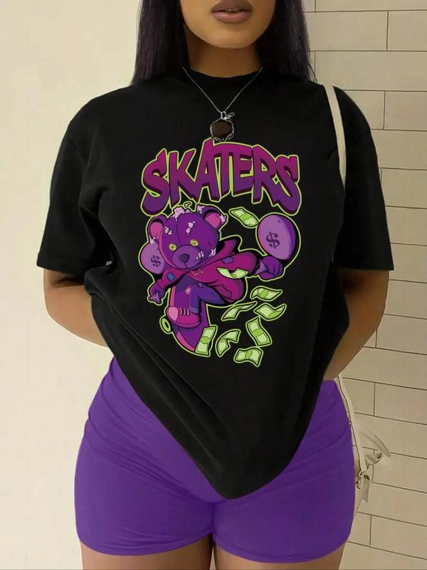 Women's Cartoon Bear Graphic Print Round Neck Tee, Fashion Casual Drop Shoulder Short Sleeve T-shirt for Daily Wear, Ladies Summer Clothes