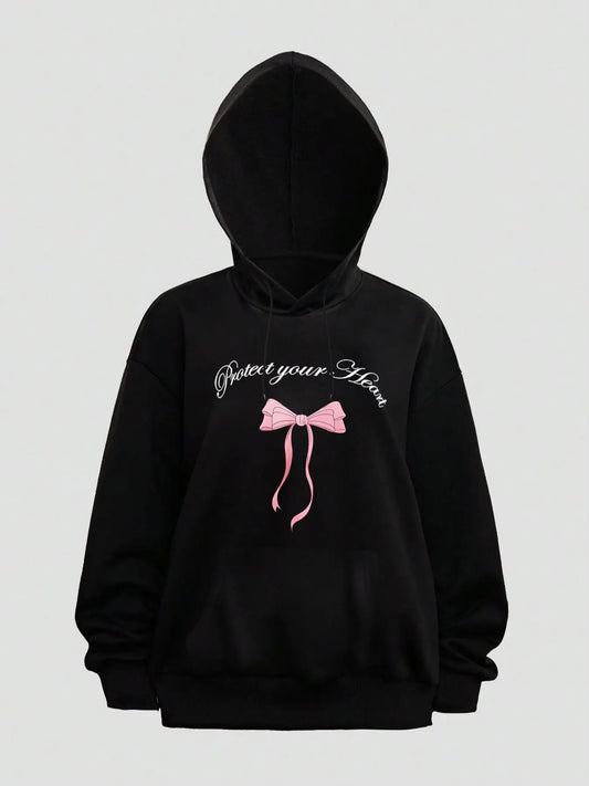 Women's Cartoon Bowknot & Letter Print Hoodie, Fashion Casual Hooded Sweatshirt for Daily Holiday Outdoor Wear, Women Clothing for Fall & Winter
