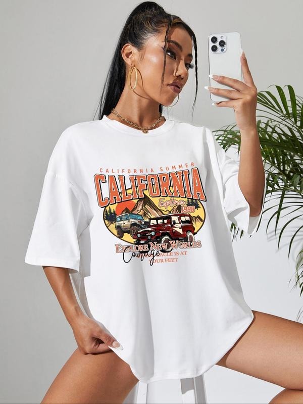 Women's Cartoon Car Graphic Print Round Neck Tee, Fashion Casual Drop Shoulder Short Sleeve T-shirt for Daily Wear, Ladies Summer Clothes