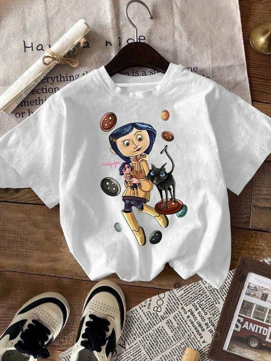 Women's Cartoon Cat & Letter Print Round Neck Tee, Casual Short Sleeve T-shirt for Daily Wear, Ladies Clothes for All Seasons