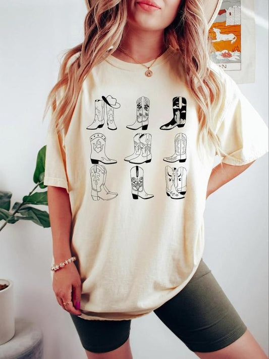Women's Cartoon Cowboy Shoes Print Round Neck Tee, Casual Half Sleeve T-shirt for Spring & Fall, Women's Top for Daily Wear