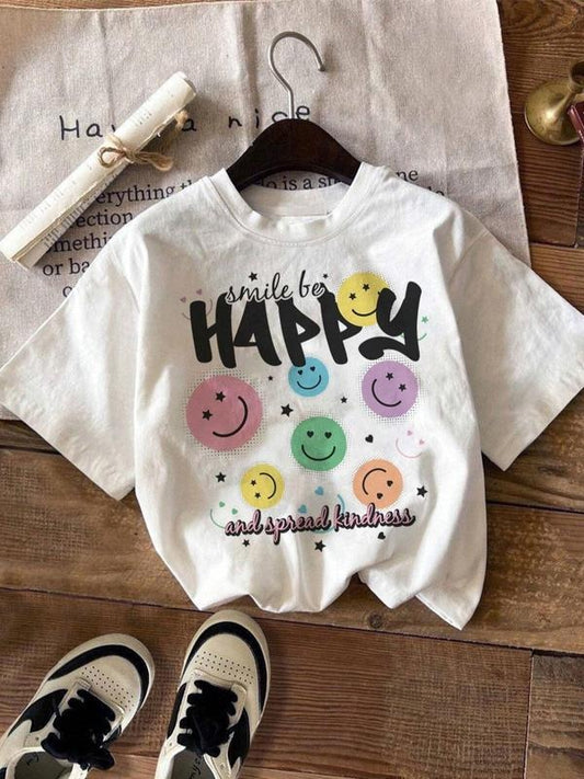 Women's Cartoon Face & Letter Print Round Neck Tee, Fashion Casual Short Sleeve T-shirt, Ladies Summer Clothes for Daily Wear
