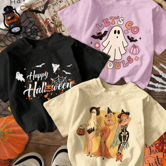 Women's Cartoon Graphic Print Round Neck Tee, Halloween Fashion Casual Short Sleeve T-shirt, Ladies Summer Clothes for Daily Wear