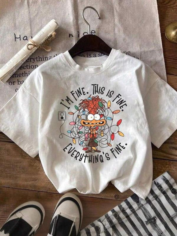 Women's Cartoon Print Round Neck Tee, Fashion Casual Crew Neck T-shirt for Daily Holiday Vacation Outdoor Wear, Ladies Clothes for Summer, Top