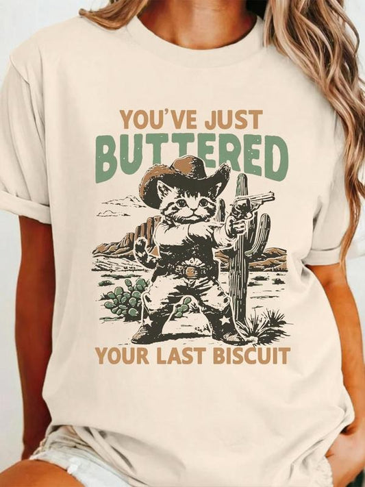 Women's Cat Cactus & Desert Print Round Neck Graphic Tee, Vintage Trendy Casual Short Sleeve T-shirt for Daily Wear, Ladies Summer Outfit, Top