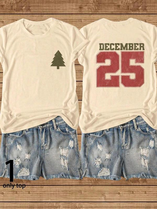 Women's Christmas Tree & Letter Print Round Neck Tee, Casual Short Sleeve Crew Neck T-shirt for Daily Wear, Ladies Clothes for All Seasons