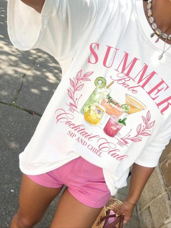 Women's Cocktail & Letter Print Round Neck Tee, Casual Short Sleeve Crew Neck T-shirt for Summer, Fashion Women's Top for Daily Wear