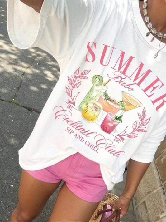 Women's Cocktail & Letter Print Round Neck Tee, Casual Short Sleeve Crew Neck T-shirt for Summer, Fashion Women's Top for Daily Wear
