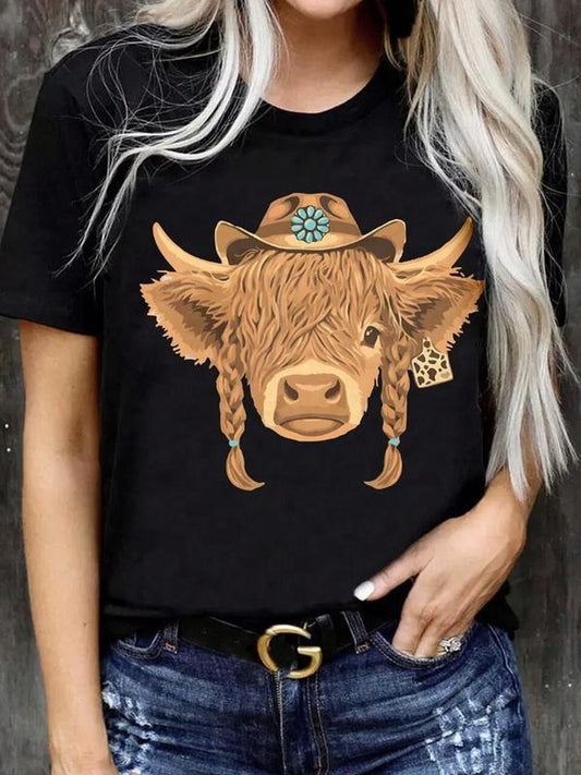 Women's Cow Head & Hat Print Round Neck Tee, Fashion Casual Crew Neck T-shirt for Daily Holiday Vacation Outdoor Wear, Ladies Clothes for All Seasons