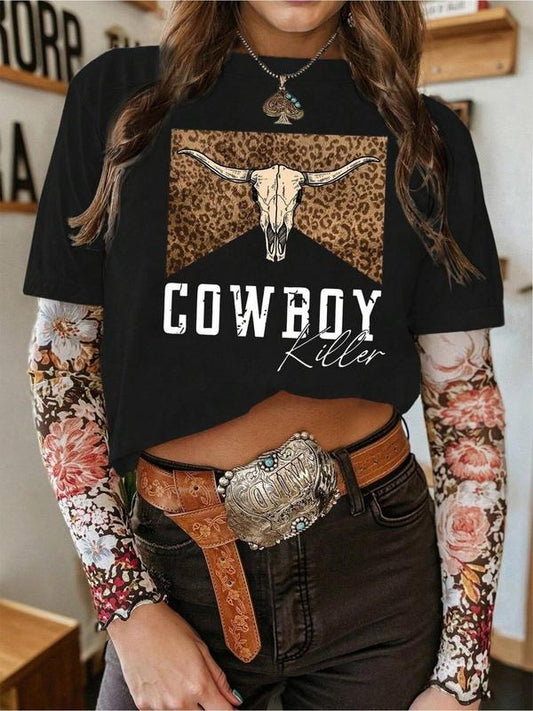 Women's Cow Print Round Neck Graphic Tee, Vintage Trendy Casual Short Sleeve T-shirt for Daily Wear, Ladies Summer Outfit, Top