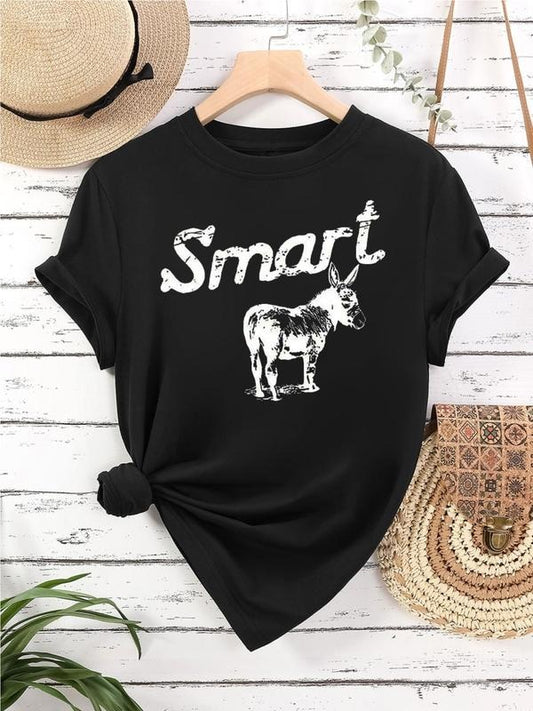 Women's Donkey & Letter Print Round Neck Graphic Tee, Vintage Trendy Casual Short Sleeve T-shirt for Daily Wear, Ladies All Seasons Outfit