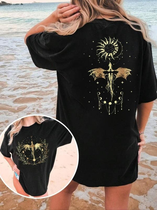 Women's Dragon & Moon Print Round Neck Tee, Casual Classy Figure Graphic Short Sleeve T-shirt for Summer, Ladies Clothes for Daily Wear