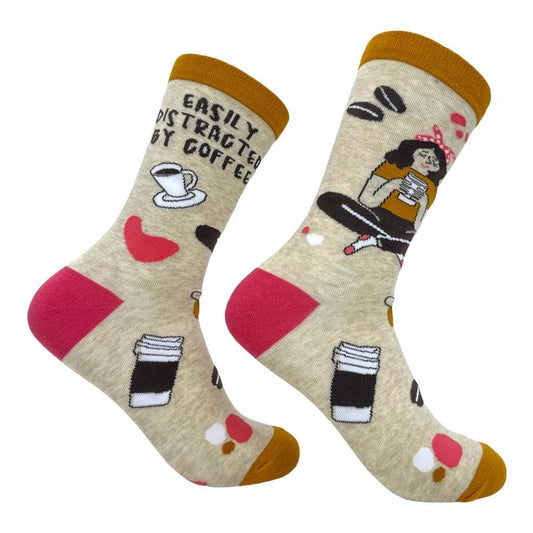 Women's Easily Distracted By Coffee Socks Funny Cute Caffeine Lovers Footwear Funny Graphic Socks Comfortable Fitted Spandex Cotton