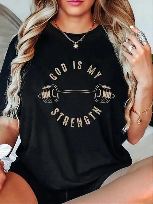 Women's God Is My Strength Letter Print Round Neck Tee, Casual Short Sleeve Crew Neck T-shirt for Summer, Fashion Women's Top for Daily Wear