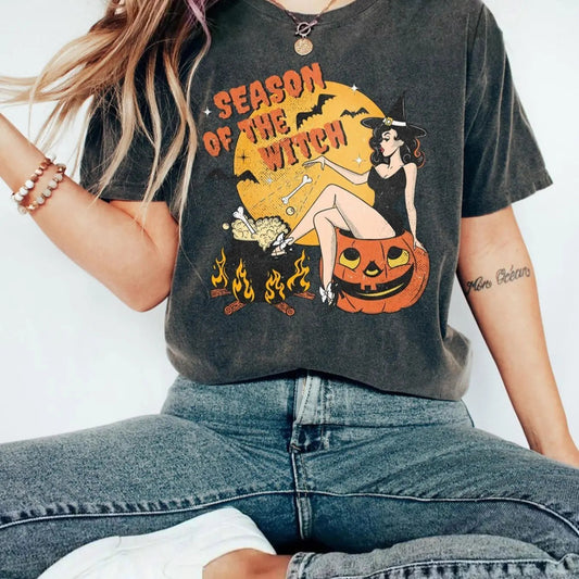 Women's Halloween Themed Cartoon Witch & Letter Print Round Neck Tee, Fashion Casual Short Sleeve T-Shirt for Daily Holiday Vacation Outdoor Wear, Ladies Summer Clothes