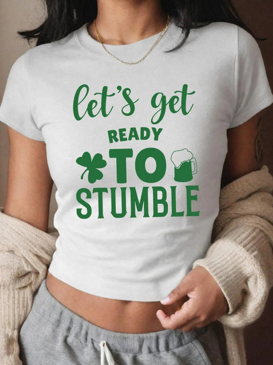 Women's Letter & Clover Print Crew Neck Crop Tee, Casual Tight-fitting Short Sleeve T-shirt for Summer, Ladies Clothes for Daily Wear